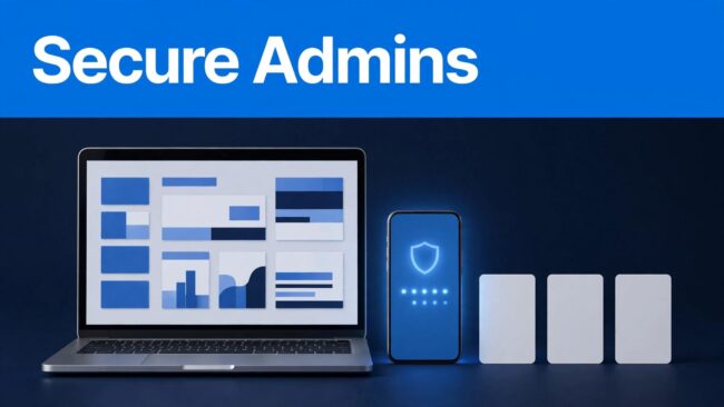 WordPress Admin Security A WordPress admin dashboard beside an authenticator app and recovery cards, under a blue Secure Admins banner.