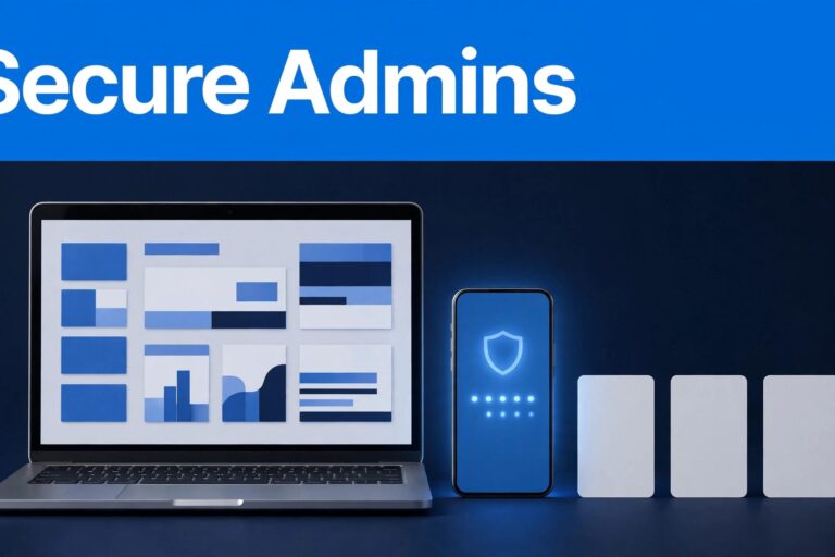 WordPress Admin Security A WordPress admin dashboard beside an authenticator app and recovery cards, under a blue Secure Admins banner.
