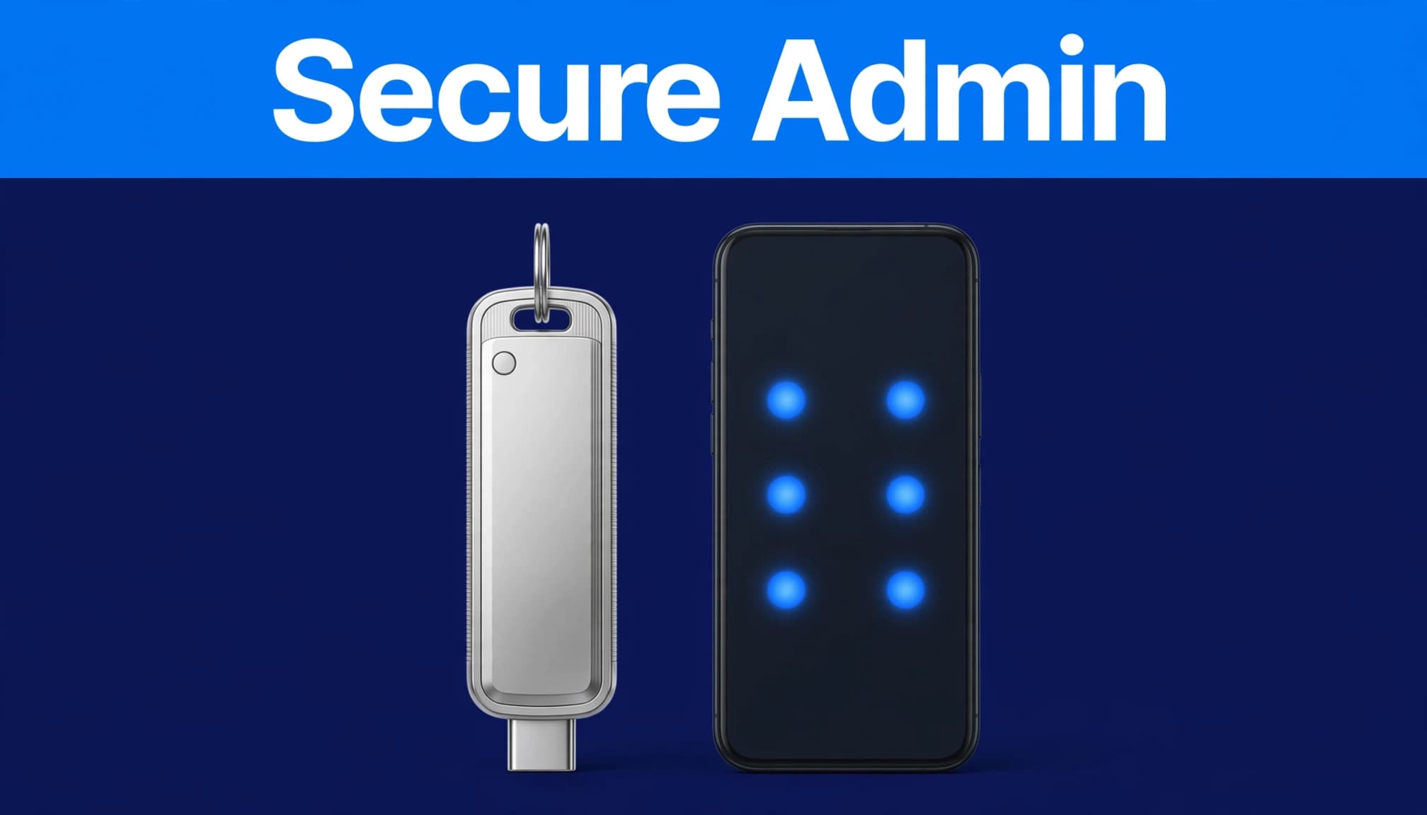 WordPress two-factor authentication shown with a security key and a phone displaying verification dots.