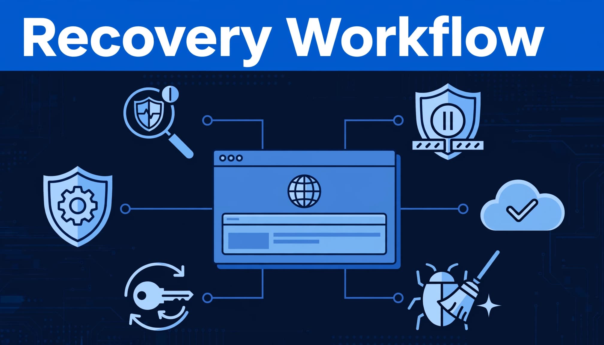Breach-response workflow showing containment, preservation, cleanup, testing, and hardening steps.