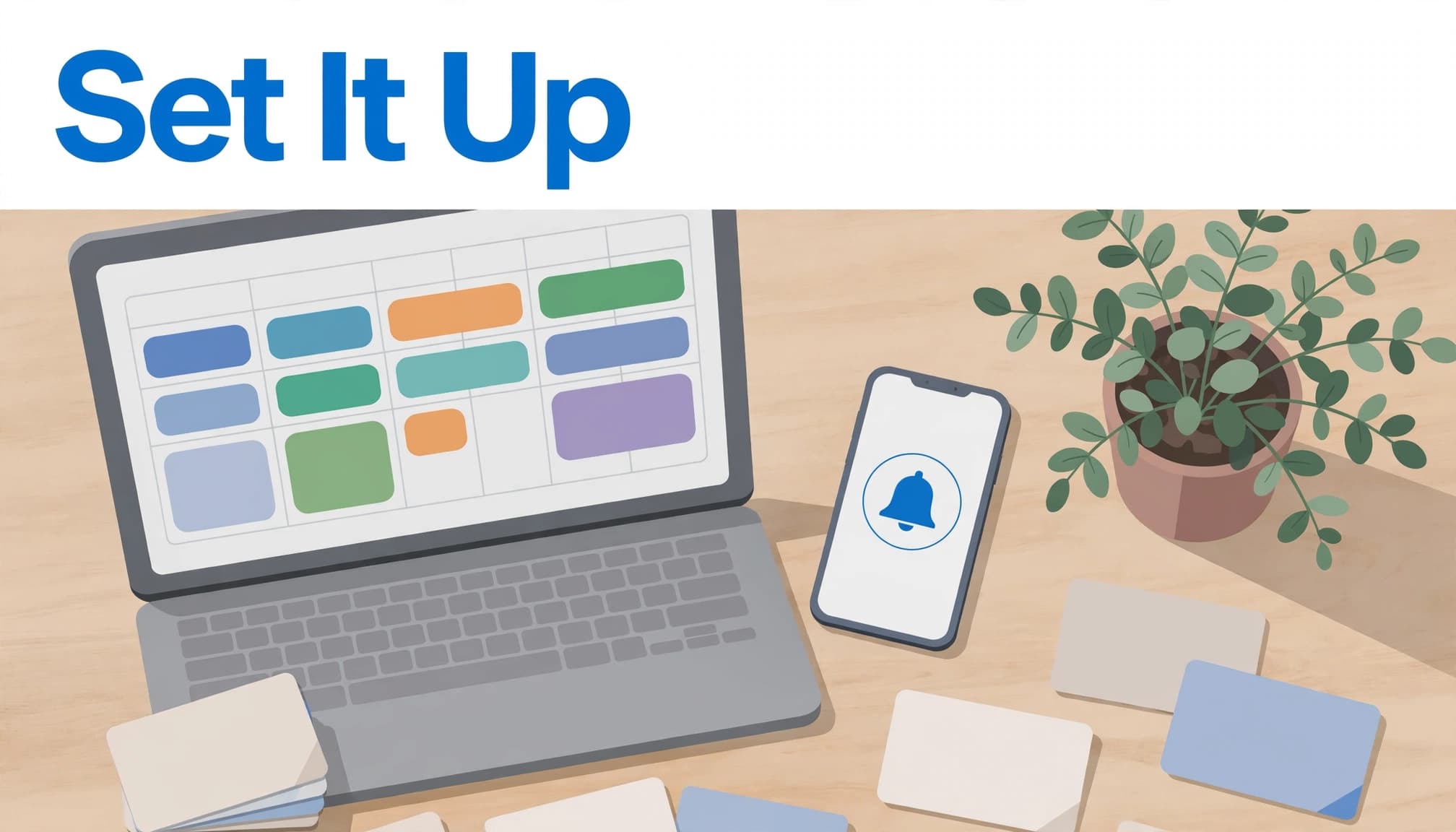 Illustration of online scheduling calendar setup and appointment reminders