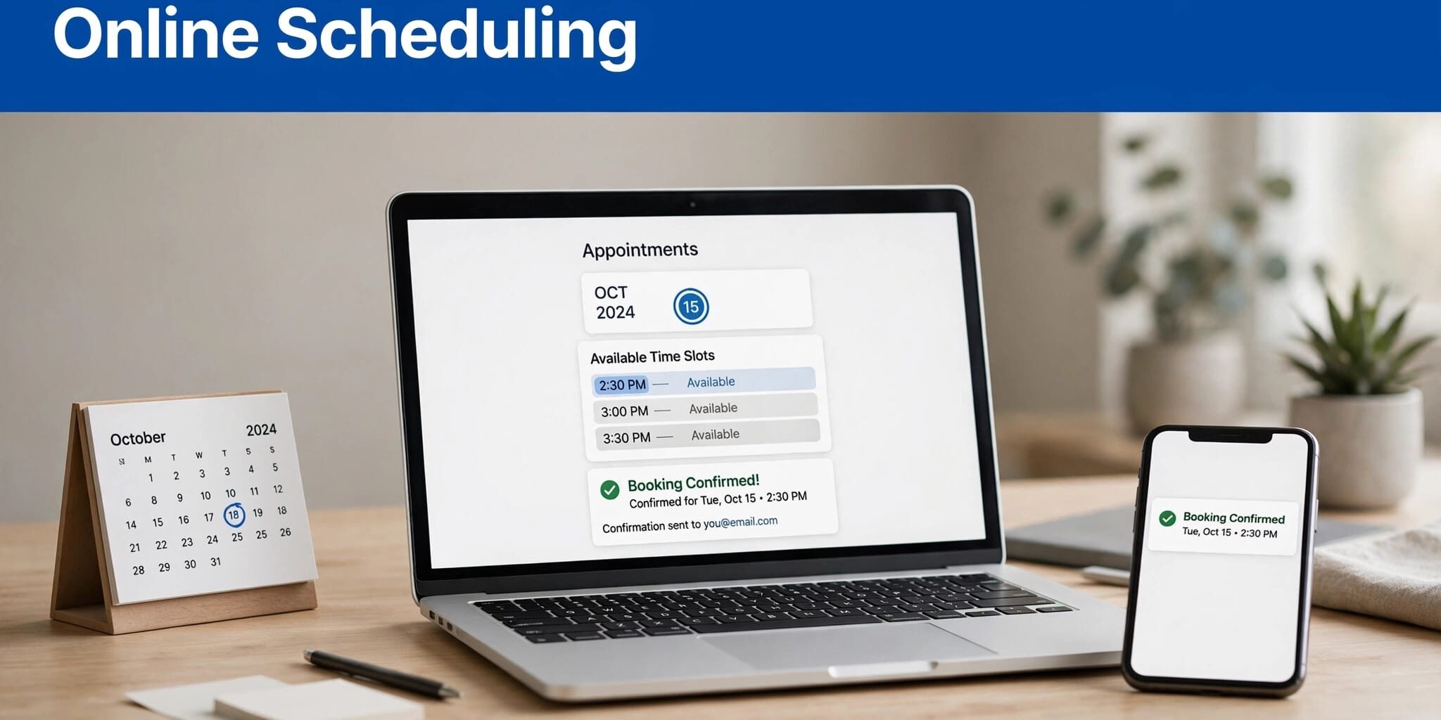 Online Booking Workspace A booking calendar on a laptop sits beside a smartphone and desk calendar.