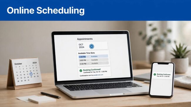 Online Booking Workspace A booking calendar on a laptop sits beside a smartphone and desk calendar.