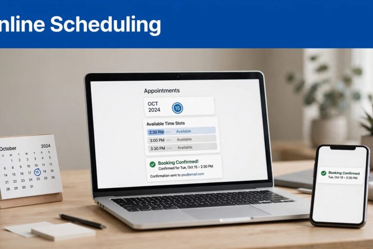Online Booking Workspace A booking calendar on a laptop sits beside a smartphone and desk calendar.