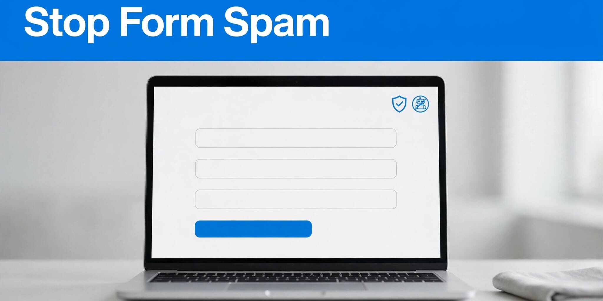 Contact Form Spam Protection A laptop shows a contact form with shield and blocked-bot symbols beneath a blue banner.