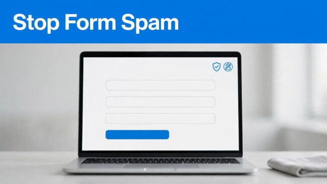 Contact Form Spam Protection A laptop shows a contact form with shield and blocked-bot symbols beneath a blue banner.