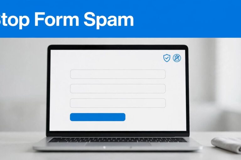 Contact Form Spam Protection A laptop shows a contact form with shield and blocked-bot symbols beneath a blue banner.