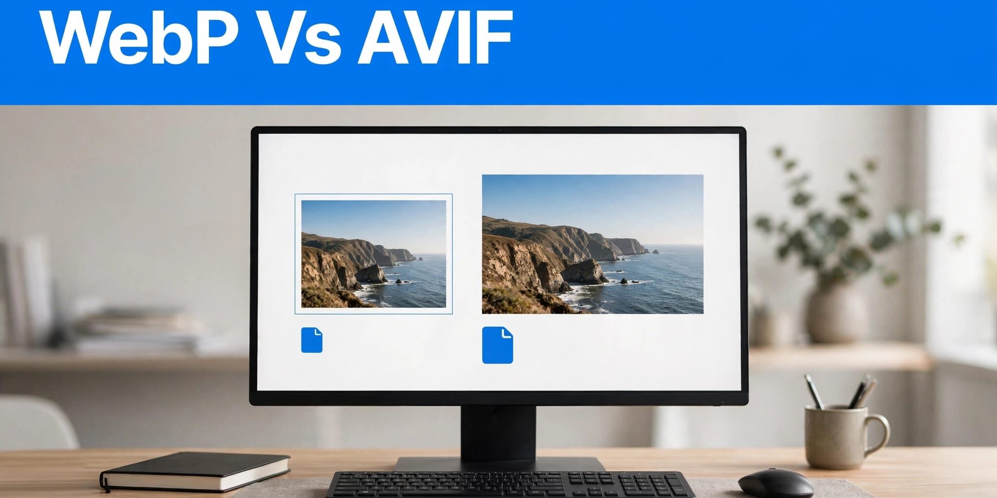 A monitor compares WebP and AVIF image previews above a tidy workspace.