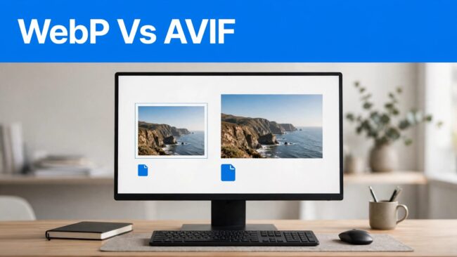 WebP And AVIF Comparison A monitor compares WebP and AVIF image previews above a tidy workspace.
