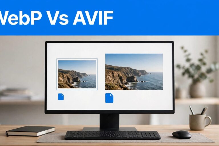 WebP And AVIF Comparison A monitor compares WebP and AVIF image previews above a tidy workspace.