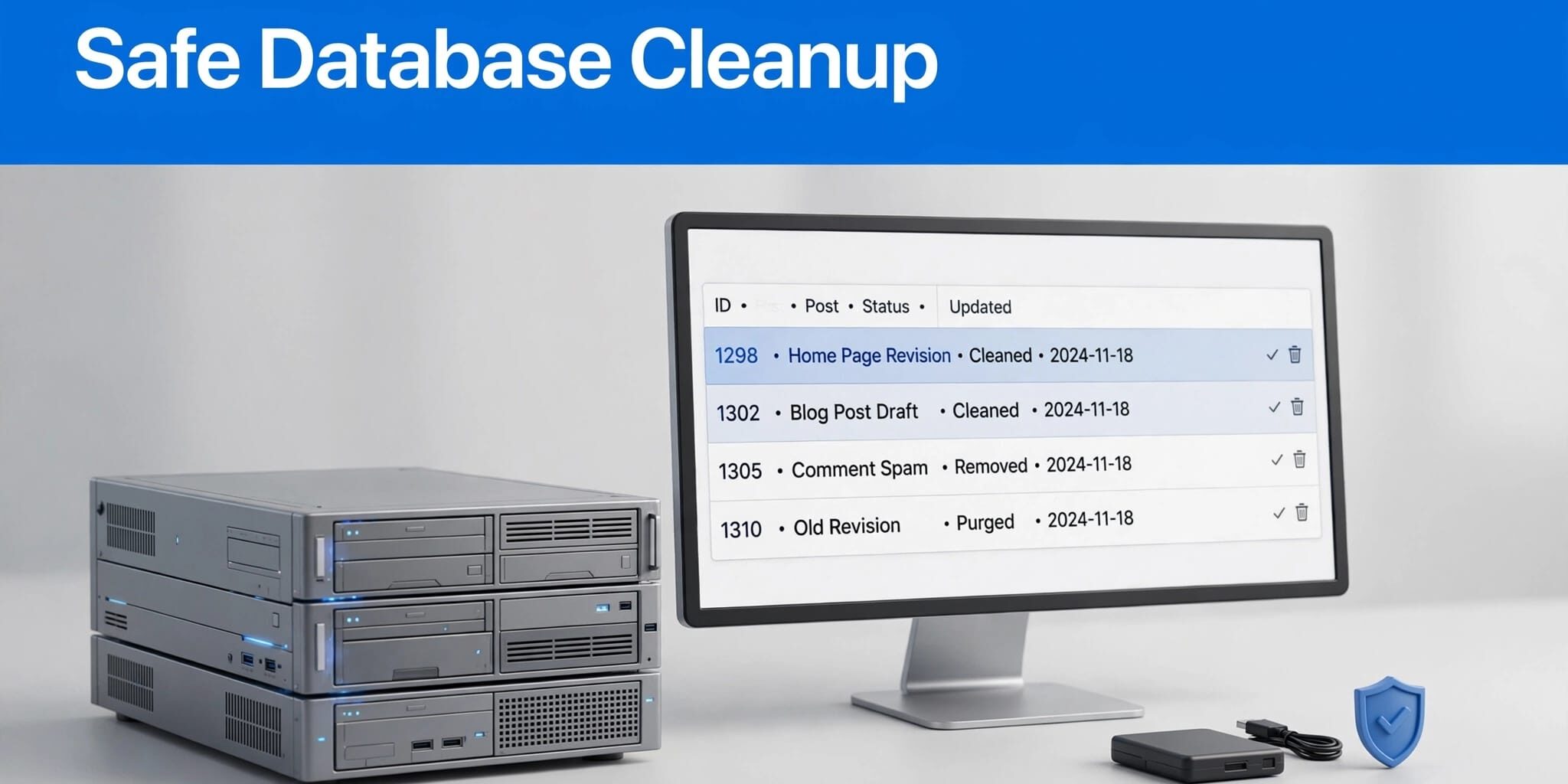 A monitor shows database records beside a backup drive and shield symbol.