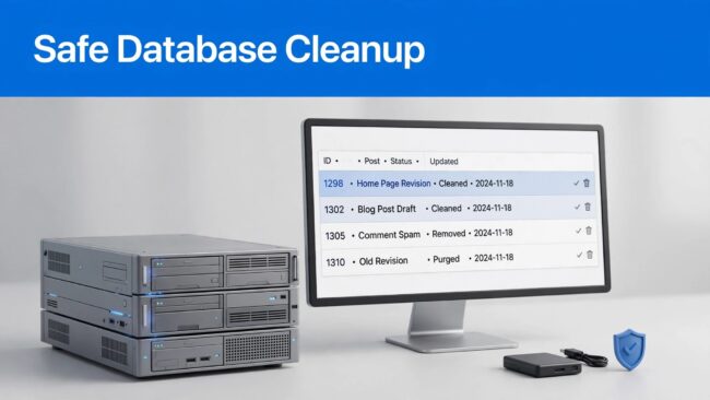 WordPress Database Cleanup A monitor shows database records beside a backup drive and shield symbol.