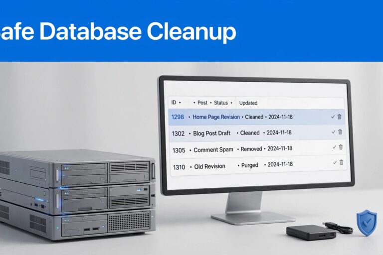 WordPress Database Cleanup A monitor shows database records beside a backup drive and shield symbol.