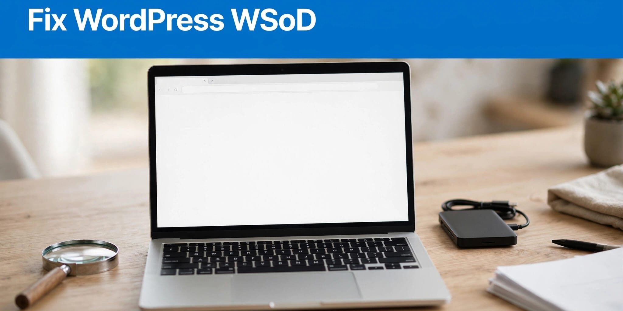 WordPress Troubleshooting Desk A laptop with a blank white page beside a magnifying glass and backup drive.