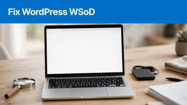 WordPress Troubleshooting Desk A laptop with a blank white page beside a magnifying glass and backup drive.