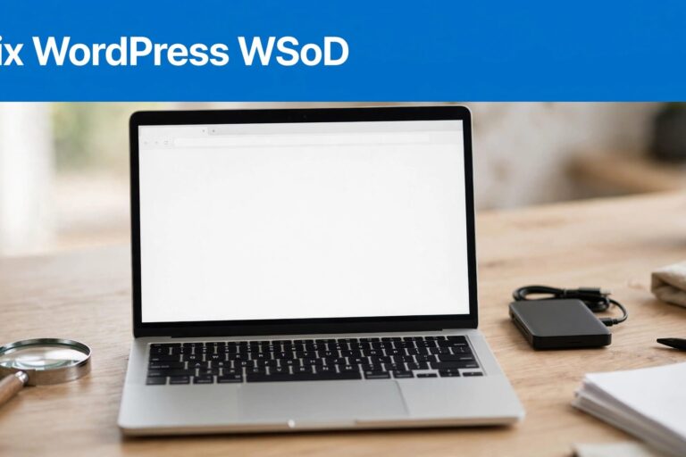 WordPress Troubleshooting Desk A laptop with a blank white page beside a magnifying glass and backup drive.