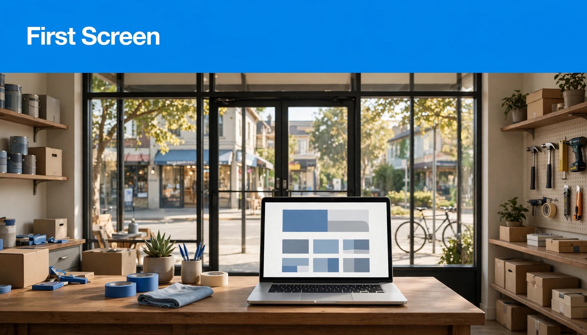 Above-the-fold website content shown on a laptop in a neighborhood business office