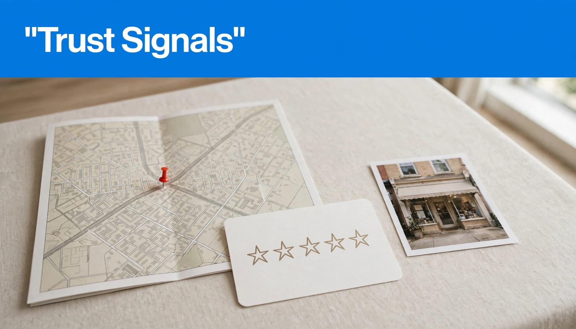 AI search optimization trust signals illustrated by a local map, review card, and storefront photo.