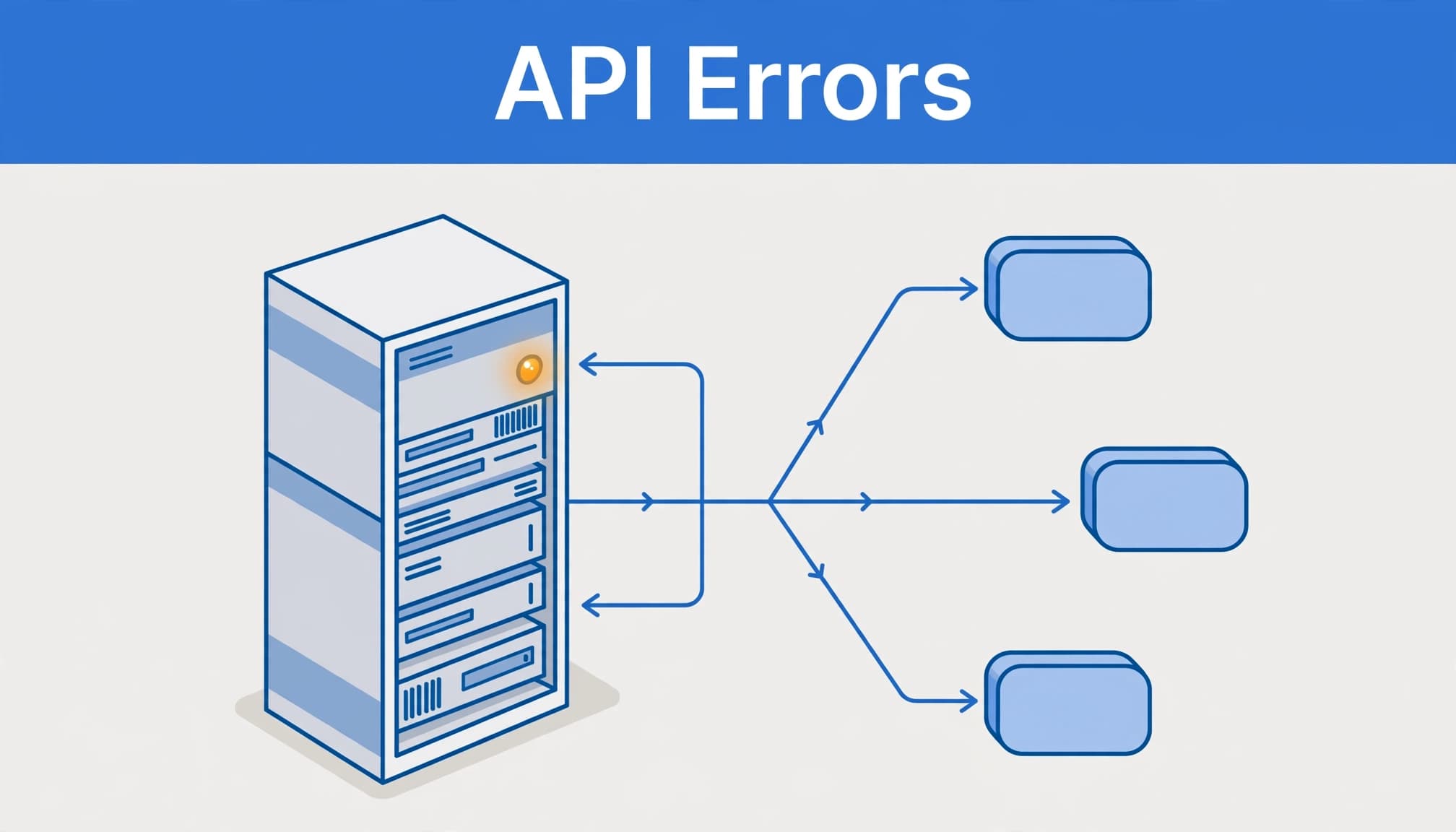 Illustration of WordPress REST API errors showing a server connected to a branching network.