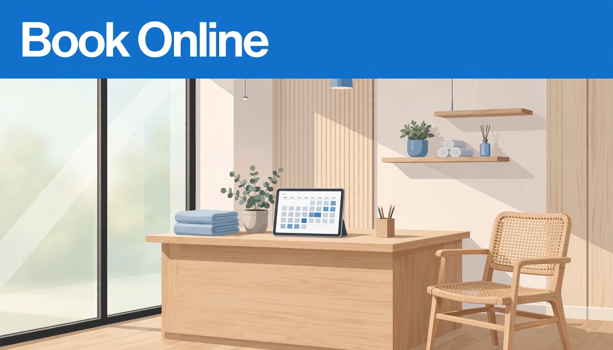 Illustration of online scheduling at a salon reception desk