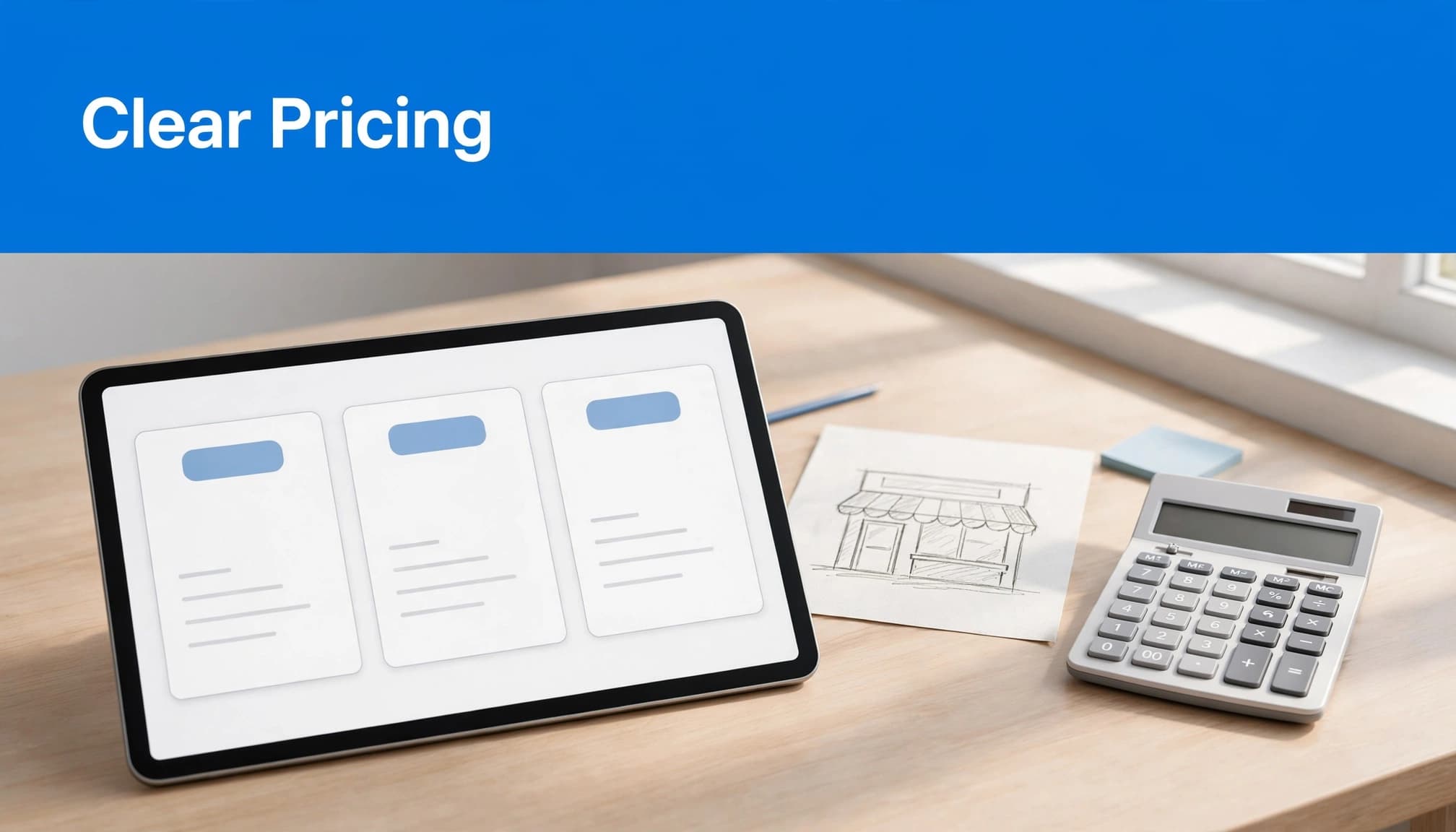 Illustrated website pricing page layout with three pricing cards, a storefront sketch, and a calculator.