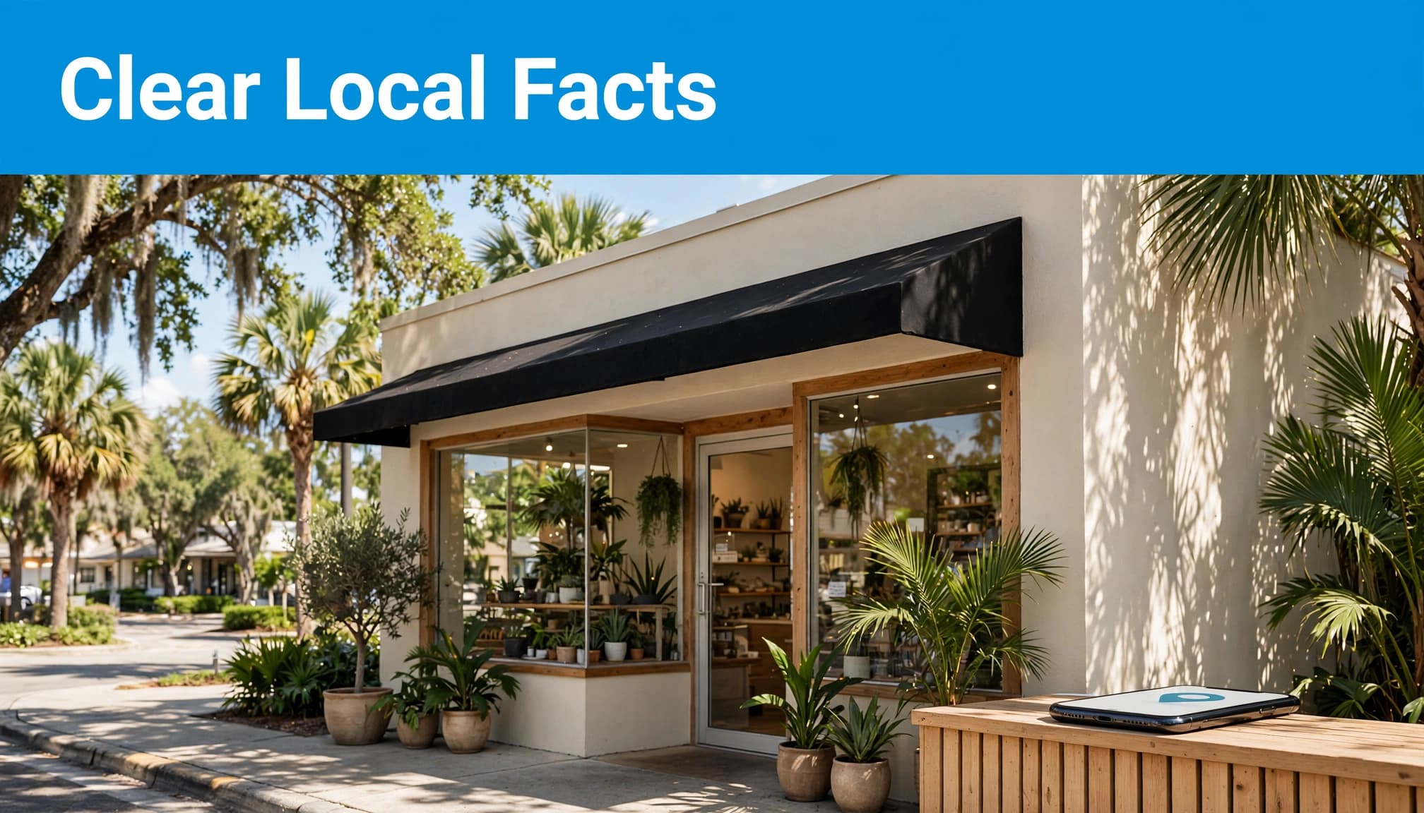 AI search optimization illustrated by a Southwest Florida storefront beneath a Clear Local Facts headline.