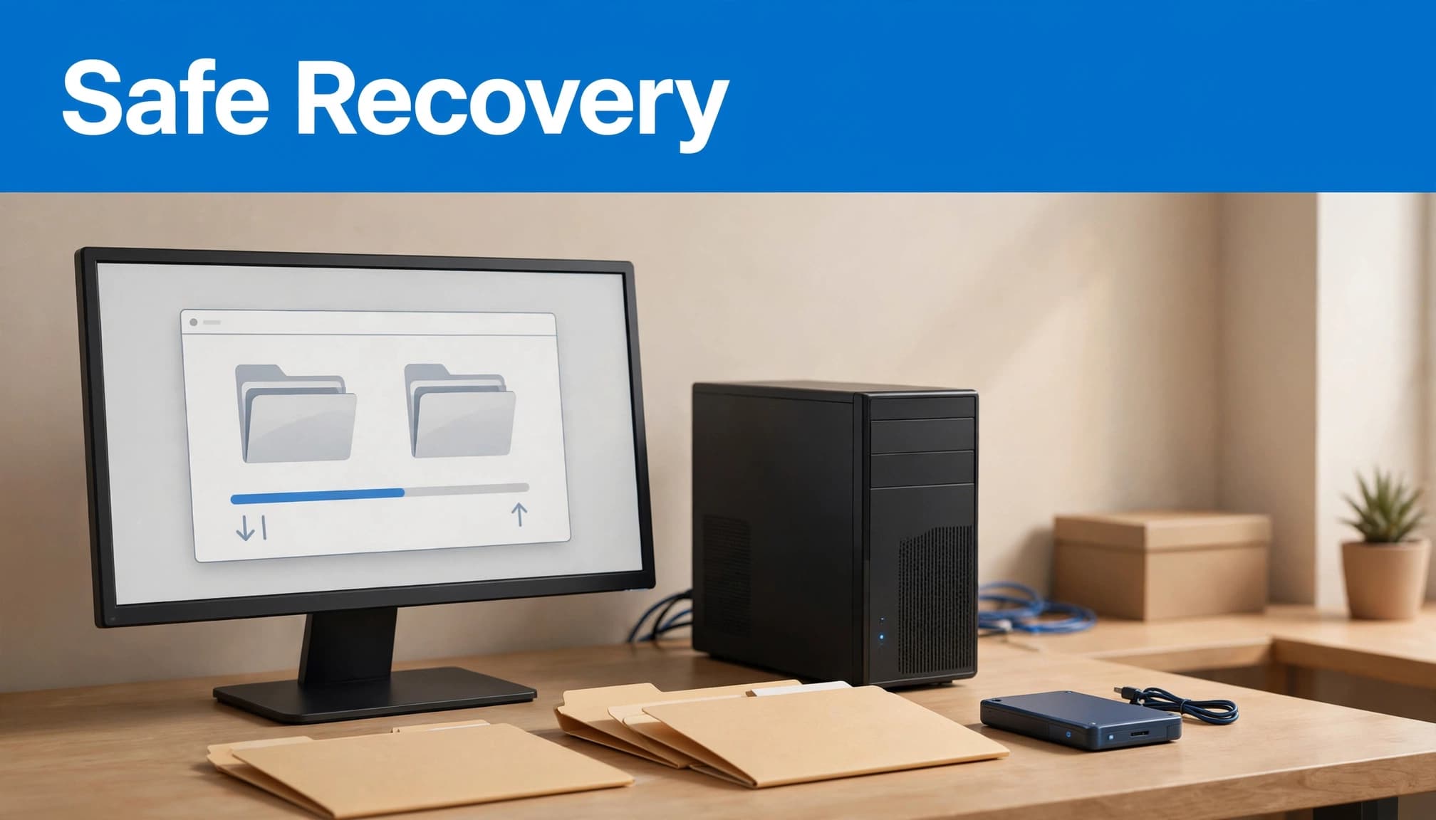 WordPress 500 error recovery illustrated with file transfers and a backup drive