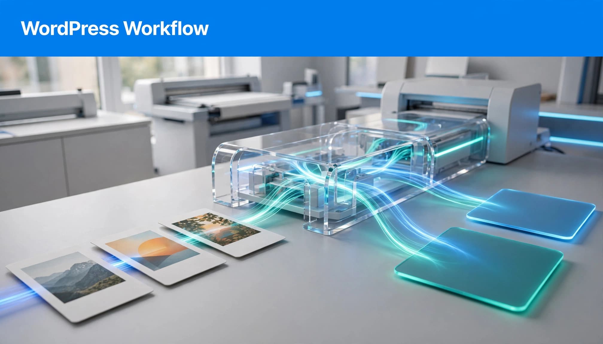 WebP vs AVIF WordPress workflow showing image cards passing through a conversion pipeline.