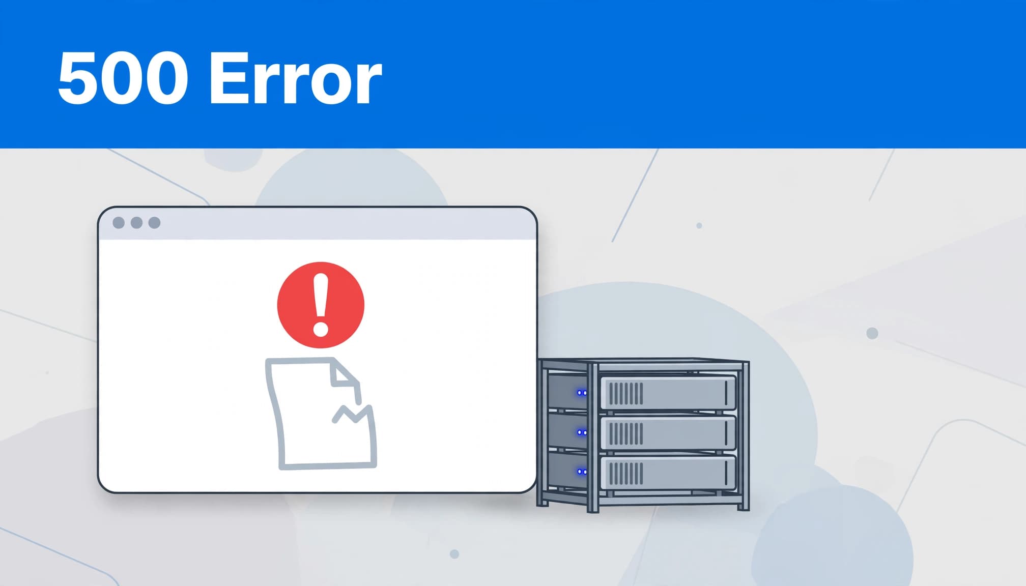 WordPress 500 error illustrated with a browser error symbol and server rack